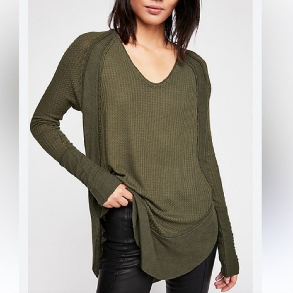 Free People Catalina Thermal Tee Long Sleeves Oversized Slouchy Olive Small EUC - Picture 1 of 15